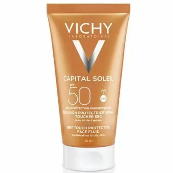 Эмульсия для лица матирующая, SPF 50, Vichy, Capital Soleil, SPF 50 Dry Touch Protective Face Fluid, 50 мл, 370355035 – купить в Минске | Azarina.by